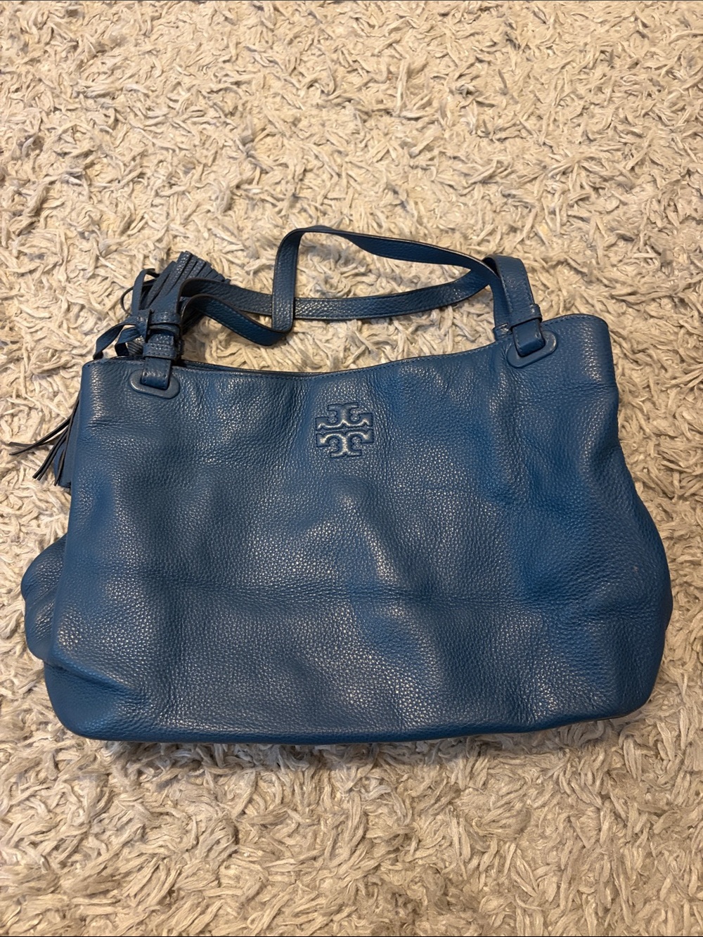 Tory Burch Teal Leather Shoulder Tote with Tassel